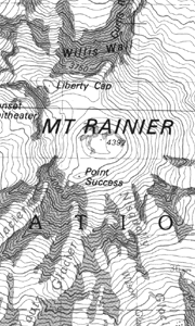 black and white section of a topographic map at 1:100,000-scale showing a section of Mt. Rainier area