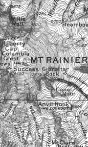 black and white section of a topographic map at 1:250,000-scale showing a section of Mt. Rainier area